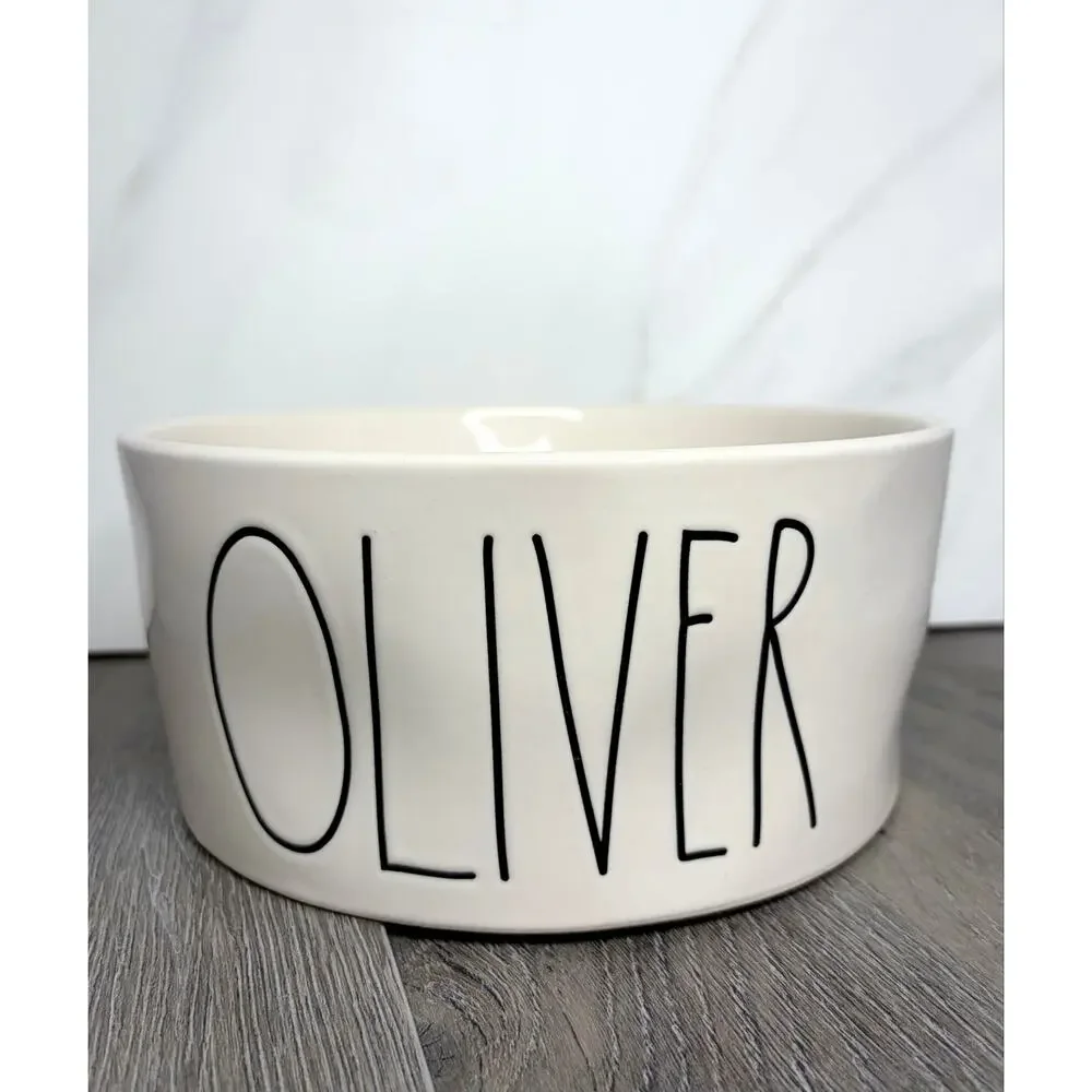 Rae Dunn OLIVER Large Ceramic Dog Pet Bowl 8